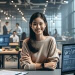 Joven emprendedora trabajando en una oficina moderna con ambiente tecnológico.