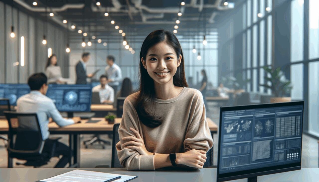 Joven emprendedora trabajando en una oficina moderna con ambiente tecnológico.