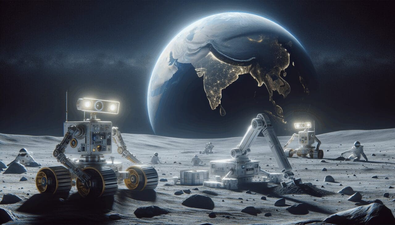 Robots avanzados trabajando en la superficie lunar bajo un cielo oscuro, con la Tierra visible al fondo.