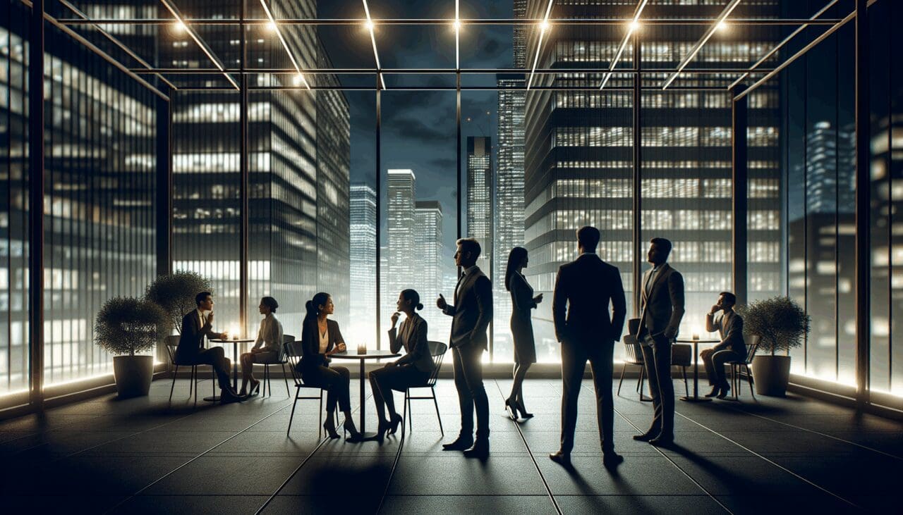 Ambiente nocturno en el centro de una ciudad con emprendedores conversando en un espacio moderno iluminado.