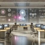 Ilustración editorial de una startup tecnológica, oficinas modernas y pantallas con visualizaciones de inteligencia artificial.