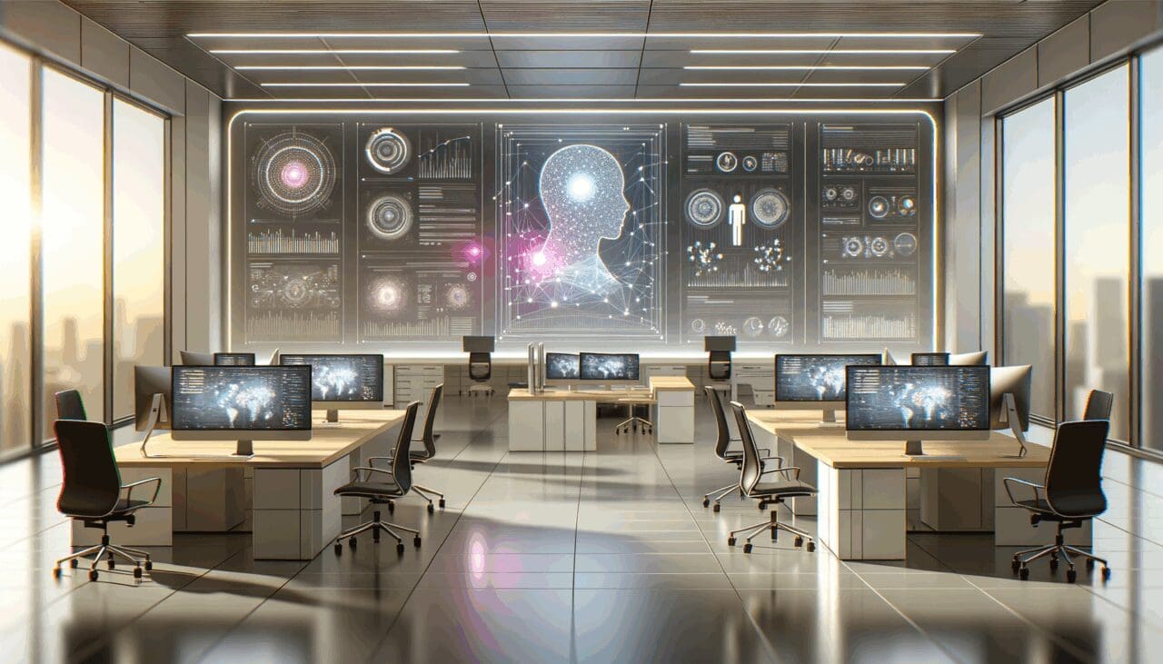 Ilustración editorial de una startup tecnológica, oficinas modernas y pantallas con visualizaciones de inteligencia artificial.