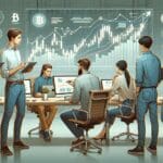 Ilustración de jóvenes emprendedores analizando gráficos digitales en una oficina moderna con elementos de tecnología cripto.