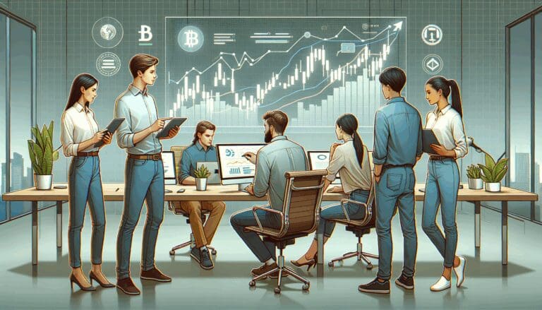 Ilustración de jóvenes emprendedores analizando gráficos digitales en una oficina moderna con elementos de tecnología cripto.
