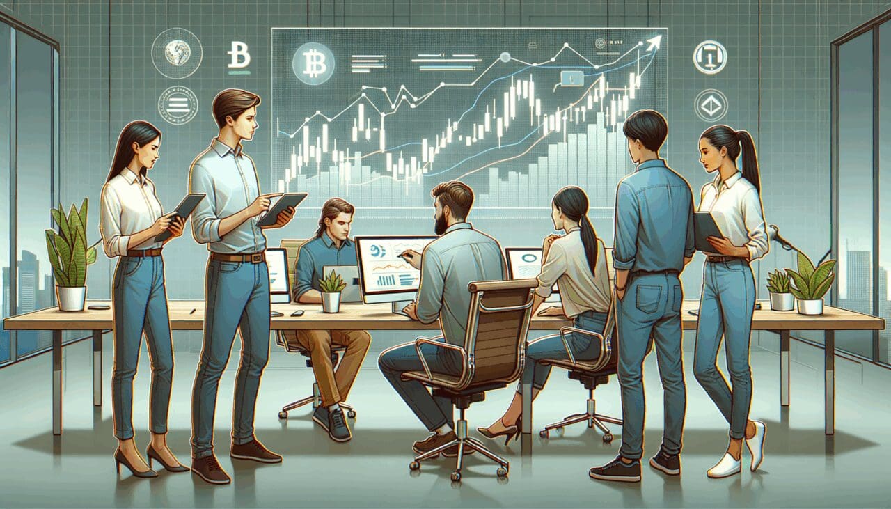 Ilustración de jóvenes emprendedores analizando gráficos digitales en una oficina moderna con elementos de tecnología cripto.