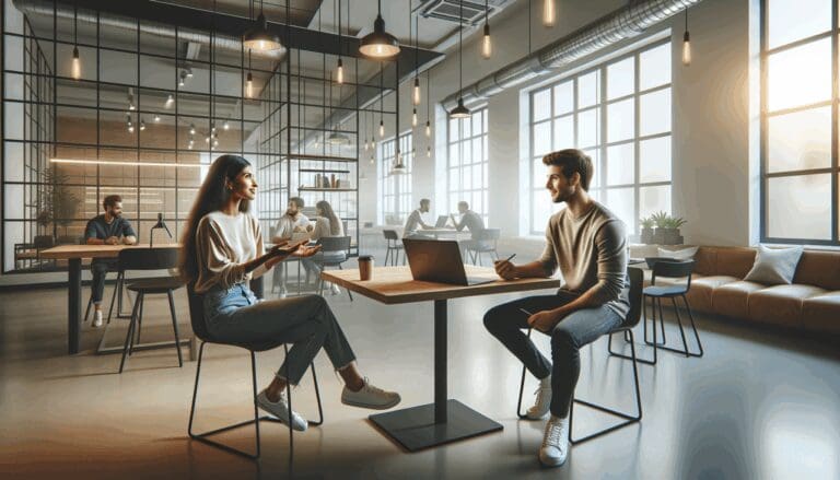 Dos jóvenes fundadores conversando frente a laptops en un espacio de coworking moderno y luminoso, ambiente tecnológico y colaborativo.