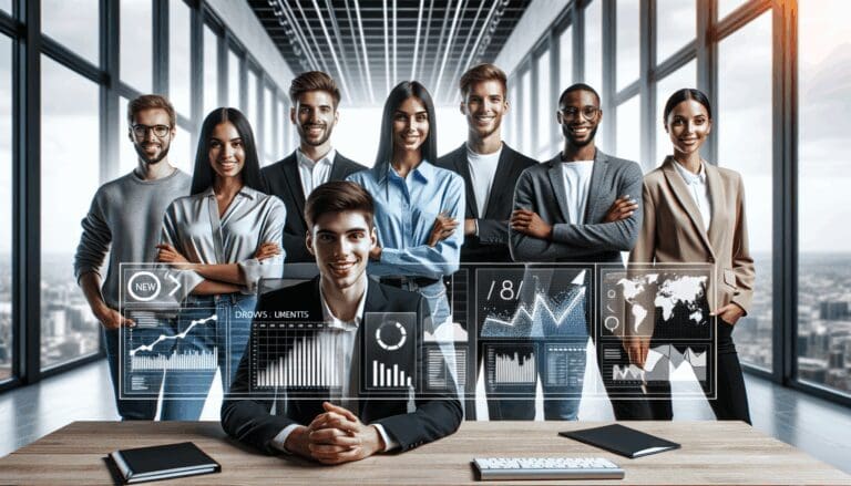 Jóvenes profesionales en una oficina moderna con pantallas mostrando gráficos de crecimiento y datos digitales.