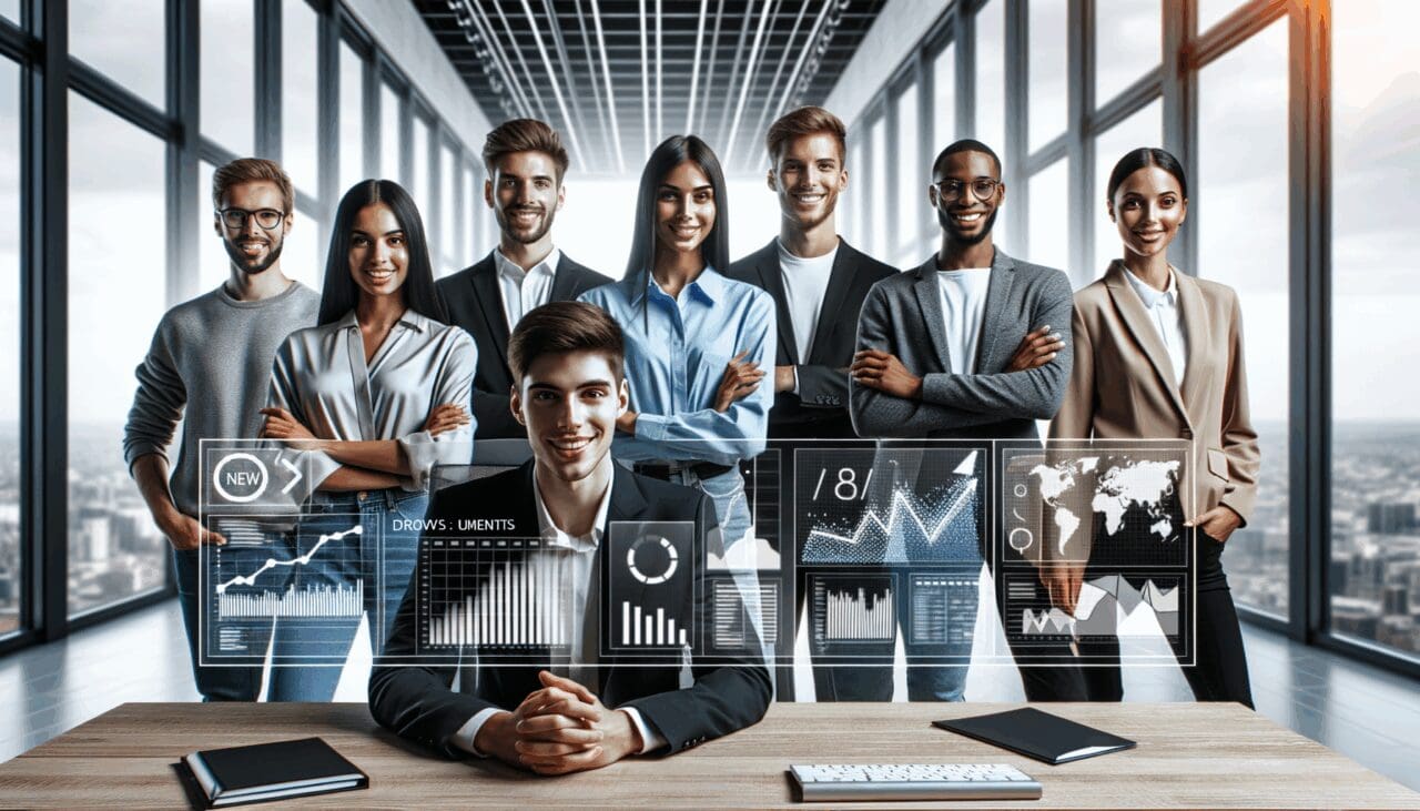 Jóvenes profesionales en una oficina moderna con pantallas mostrando gráficos de crecimiento y datos digitales.