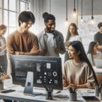 Equipo multicultural de jóvenes profesionales colaborando en una oficina tecnológica moderna con pizarras y computadoras.