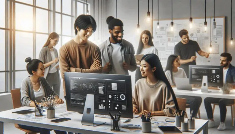 Equipo multicultural de jóvenes profesionales colaborando en una oficina tecnológica moderna con pizarras y computadoras.