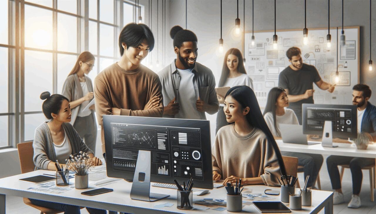 Equipo multicultural de jóvenes profesionales colaborando en una oficina tecnológica moderna con pizarras y computadoras.