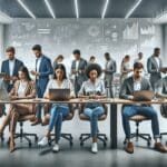 Oficina moderna con un grupo diverso de emprendedores trabajando en laptops, gráficos de datos y pantallas digitales al fondo.