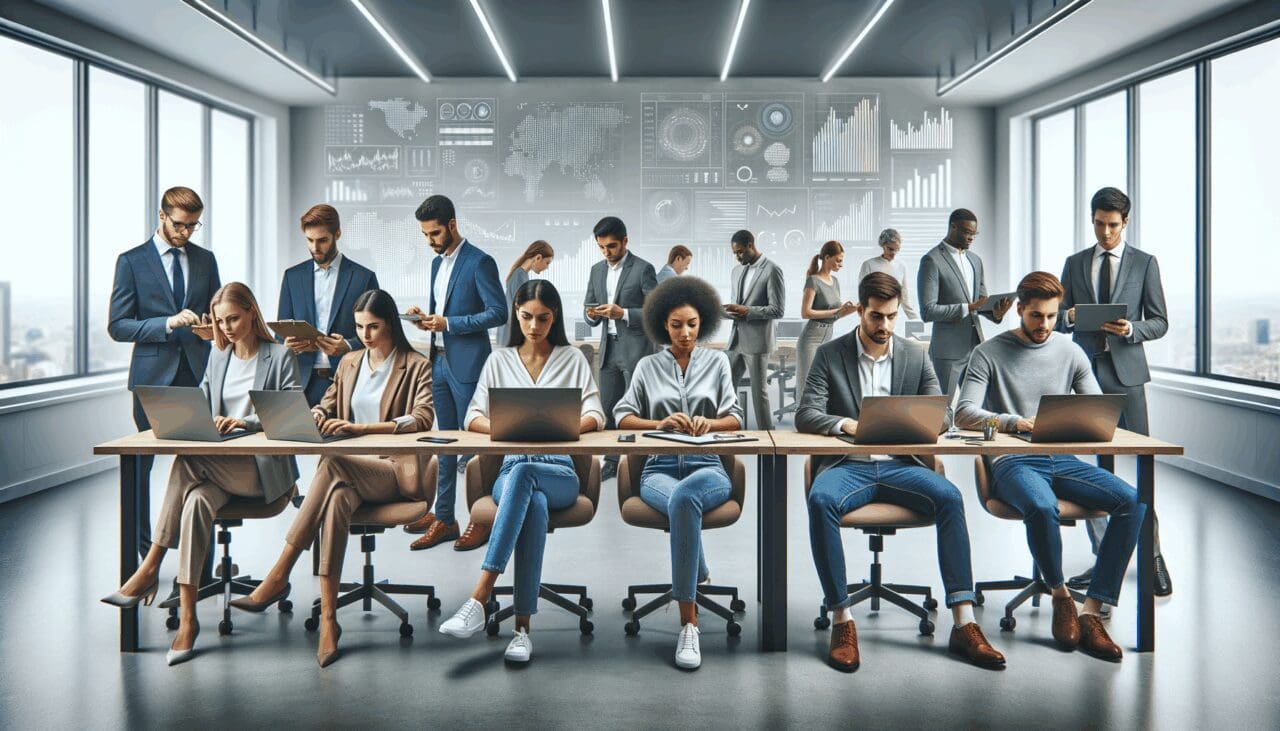 Oficina moderna con un grupo diverso de emprendedores trabajando en laptops, gráficos de datos y pantallas digitales al fondo.