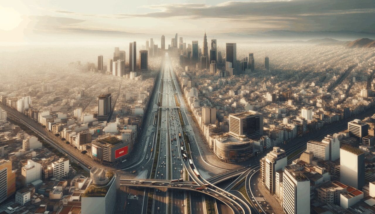 Vista aérea de una ciudad latinoamericana con tráfico organizado y clara infraestructura de transporte.