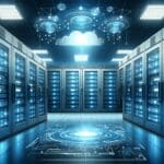 Ilustración de un centro de datos digital con luces azules y servidores futuristas.
