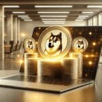 Representación digital de monedas Dogecoin brillando sobre una laptop en una oficina moderna.