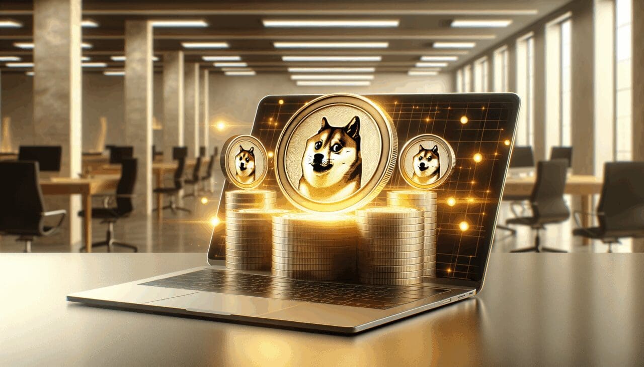 Representación digital de monedas Dogecoin brillando sobre una laptop en una oficina moderna.