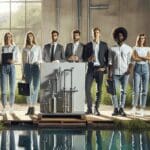 Equipo de jóvenes ingenieros revisando un moderno sistema de purificación de agua en un entorno natural.