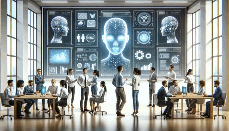 Un grupo diverso de personas colaborando frente a pantallas con interfaces de inteligencia artificial en una oficina moderna.