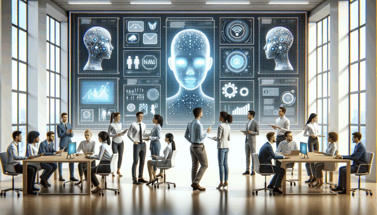 Un grupo diverso de personas colaborando frente a pantallas con interfaces de inteligencia artificial en una oficina moderna.