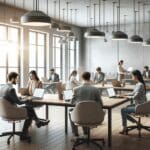 Espacio de coworking moderno con emprendedores trabajando en laptops.