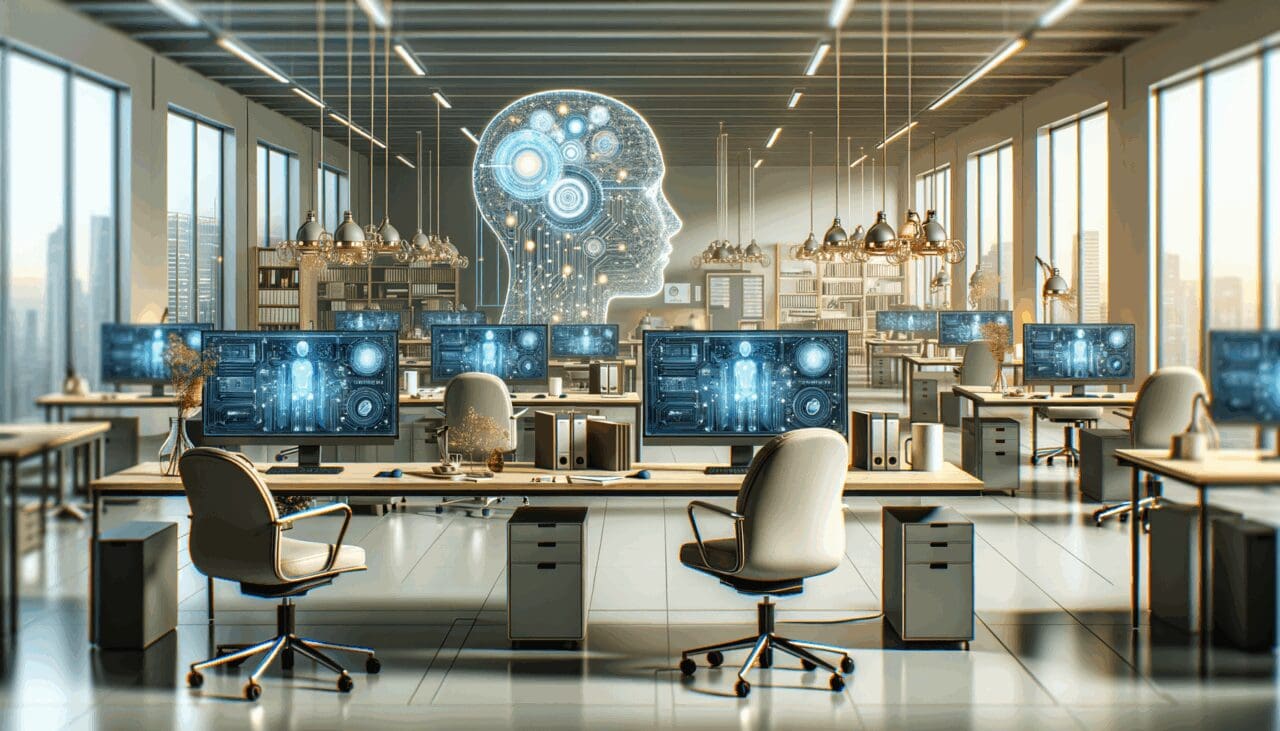 Oficina moderna con equipos diversos colaborando y pantallas mostrando datos de inteligencia artificial.