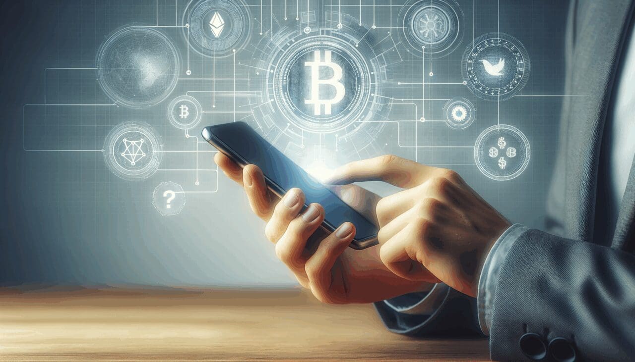 Primer plano de una mano usando un smartphone, gráficos digitales y símbolos de criptomonedas al fondo.
