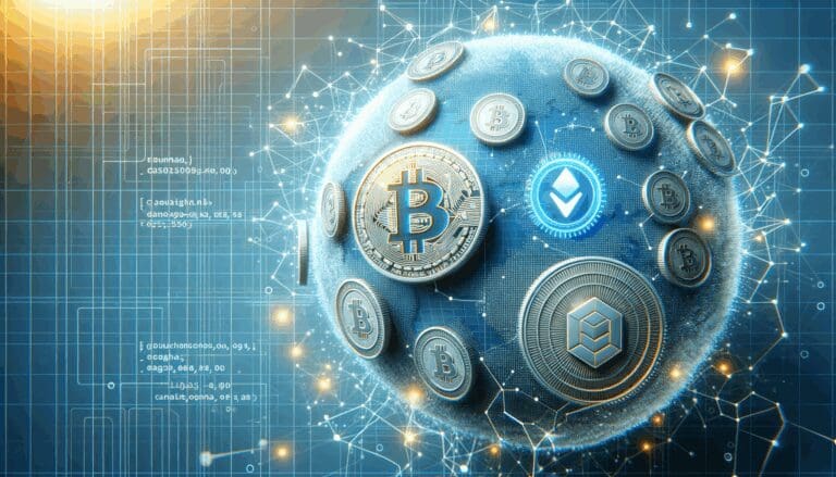 Gráfica conceptual de una moneda digital y código blockchain sobre fondo azul tecnológico.