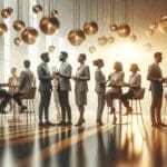 Emprendedores conversando en un foro moderno con luces cálidas, ambiente de networking.