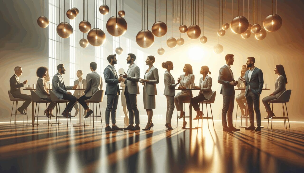 Emprendedores conversando en un foro moderno con luces cálidas, ambiente de networking.