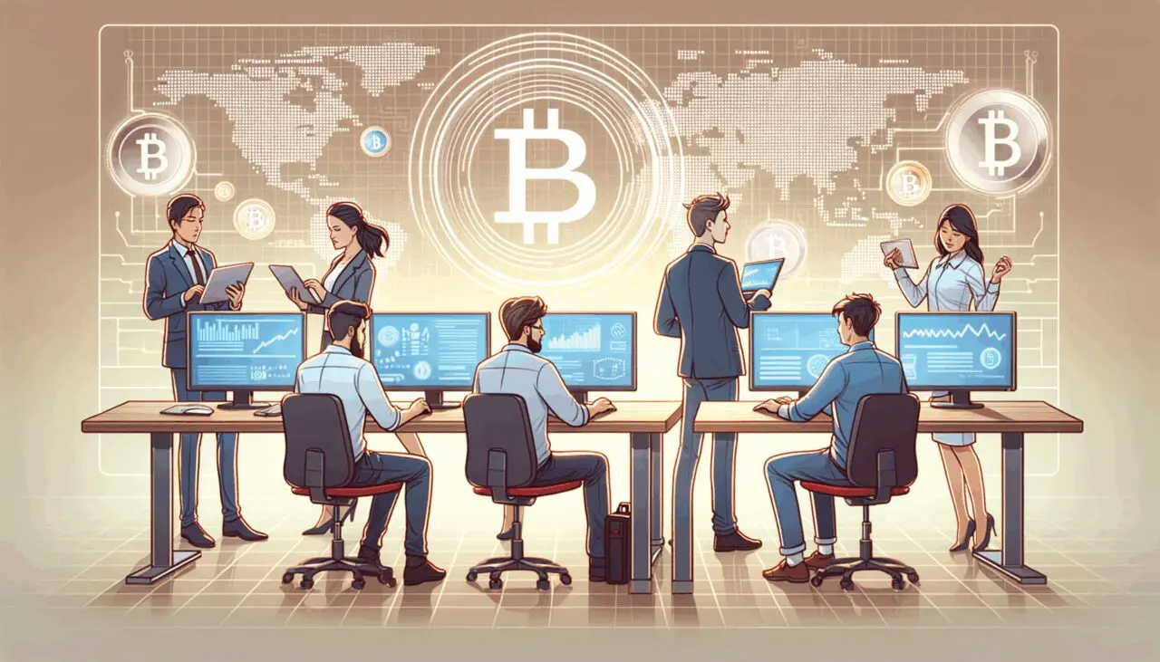 Ilustración de jóvenes emprendedores trabajando en computadoras sobre un fondo digital con gráficos de criptomonedas.