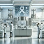 Laboratorio de biotecnología moderno, científicos colaborando frente a equipos de alta tecnología.