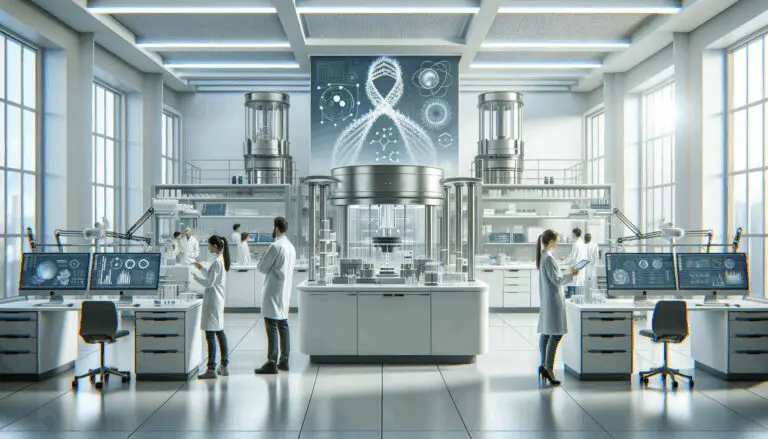 Laboratorio de biotecnología moderno, científicos colaborando frente a equipos de alta tecnología.