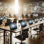 Primer plano de mesas de trabajo colaborativo en una oficina tecnológica moderna, con laptops y pantallas, ambiente dinámico.