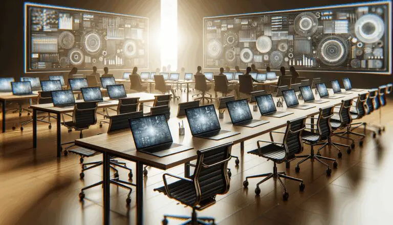 Primer plano de mesas de trabajo colaborativo en una oficina tecnológica moderna, con laptops y pantallas, ambiente dinámico.