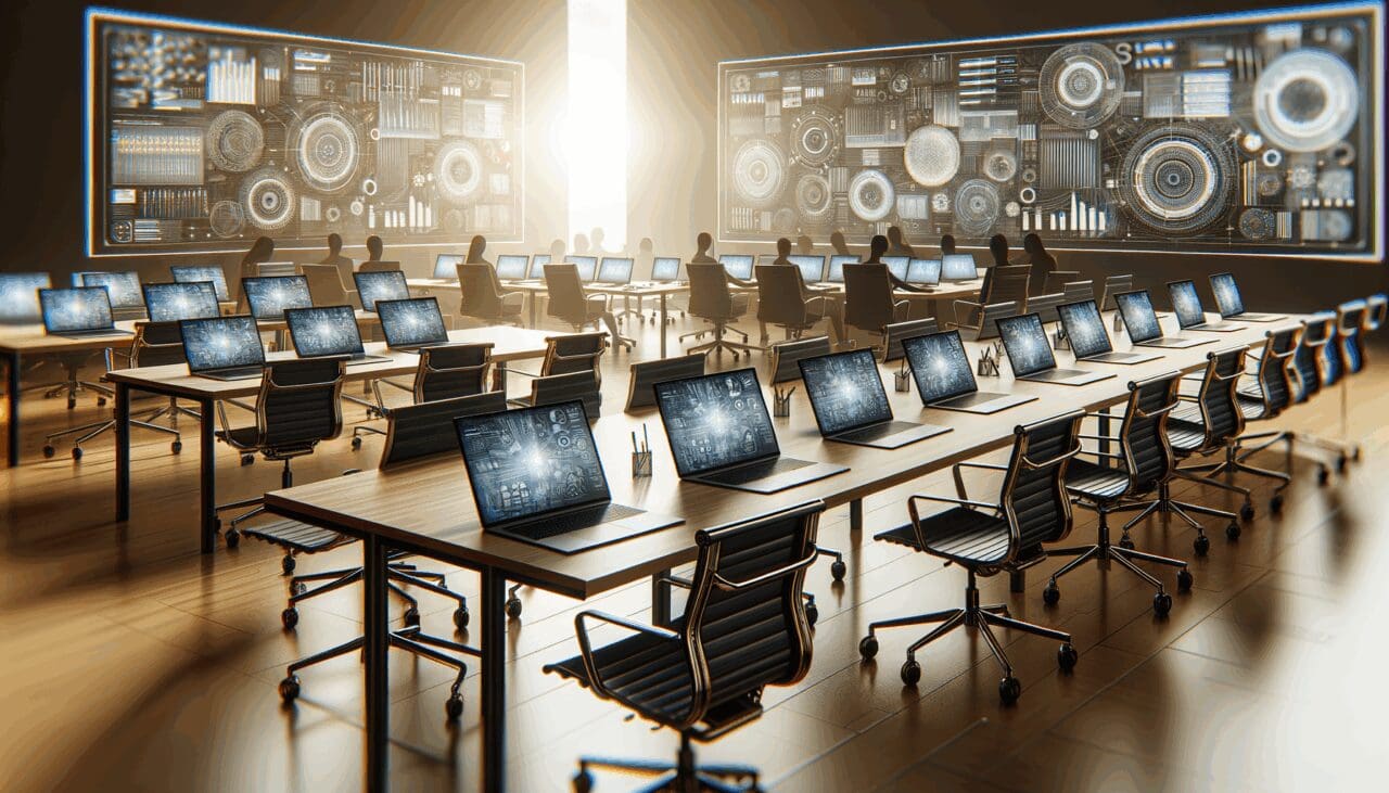 Primer plano de mesas de trabajo colaborativo en una oficina tecnológica moderna, con laptops y pantallas, ambiente dinámico.