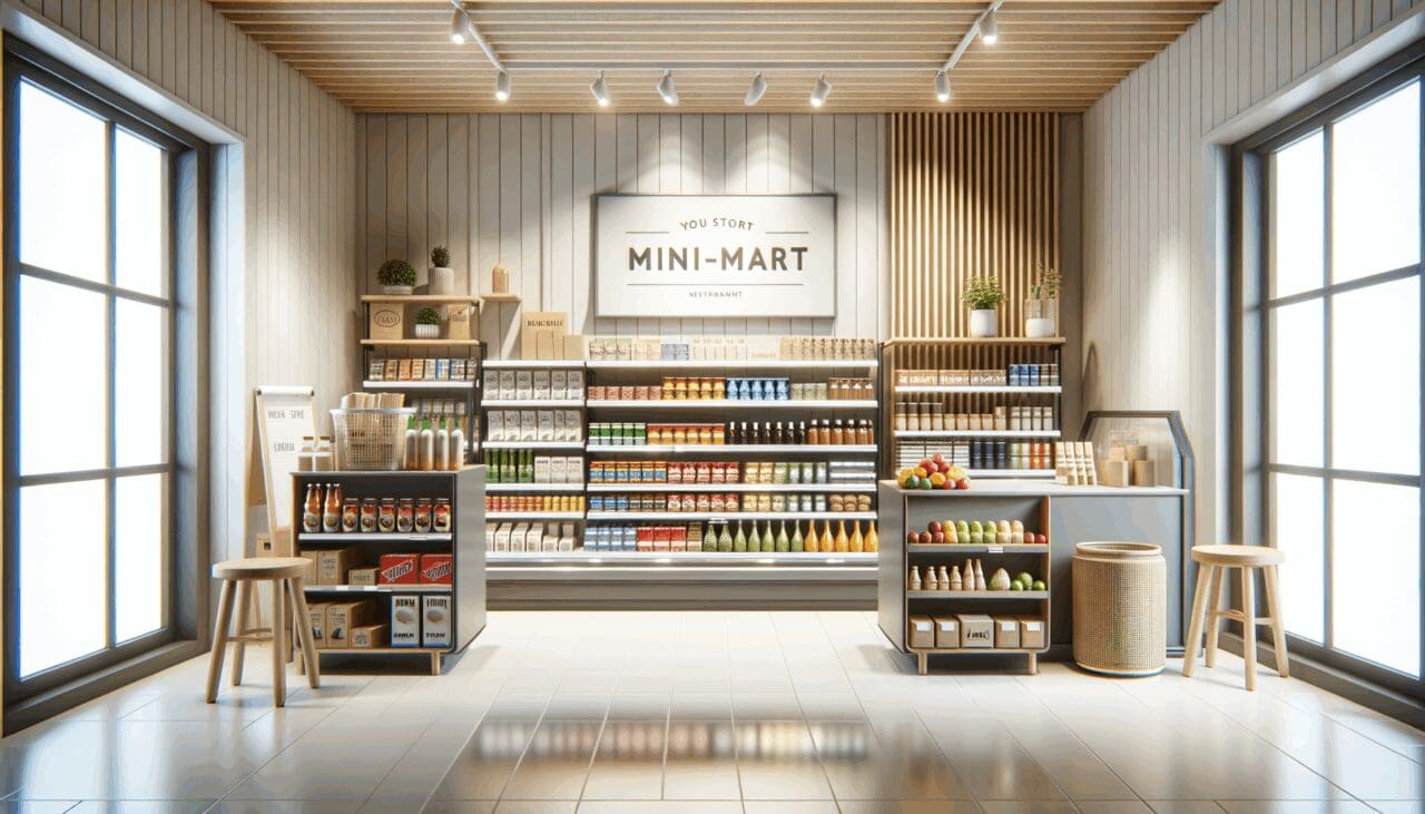 Interior de un minimarket con estanterías llenas de productos y diseño moderno