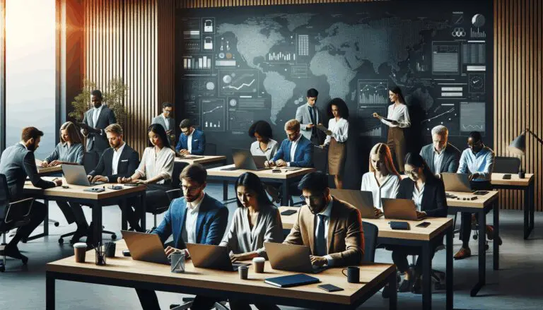 Equipos multiculturales trabajando en una oficina moderna con pizarras digitales.