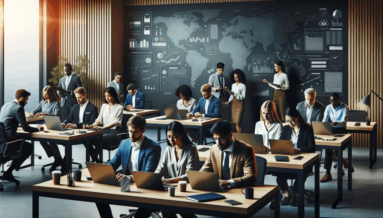 Equipos multiculturales trabajando en una oficina moderna con pizarras digitales.