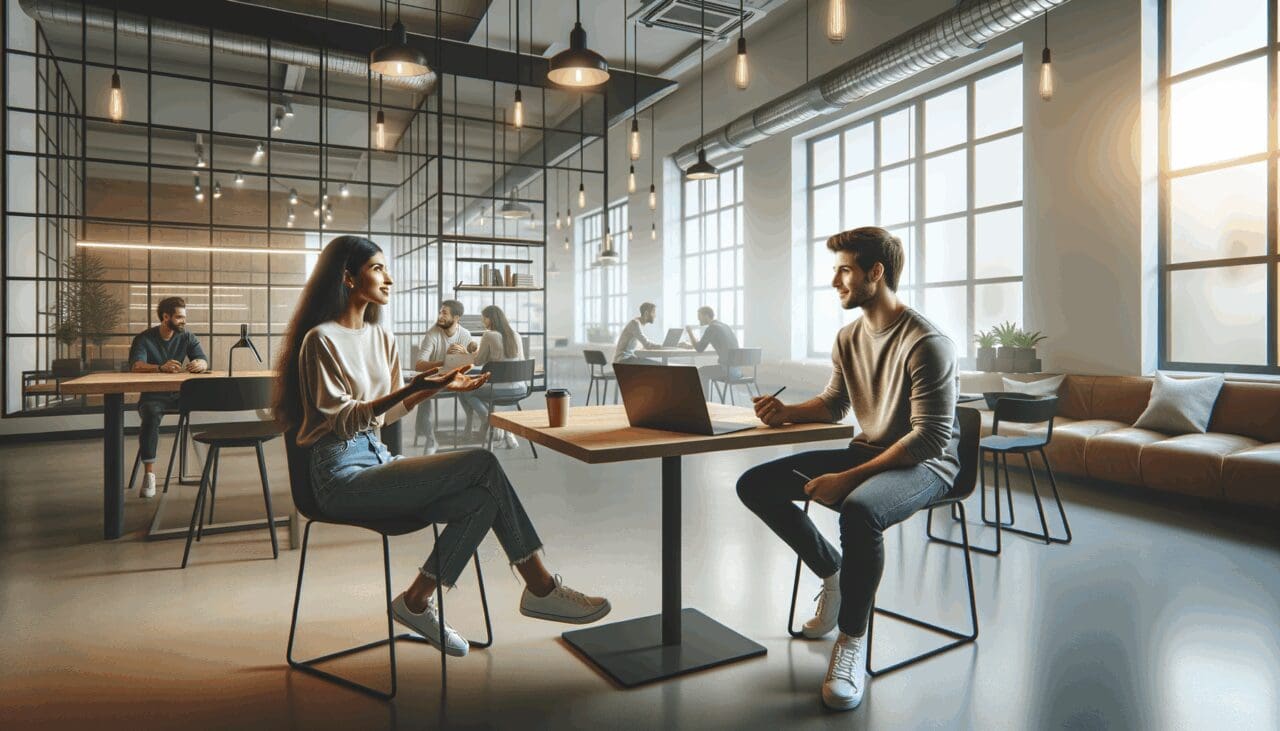 Dos jóvenes fundadores conversando frente a laptops en un espacio de coworking moderno y luminoso, ambiente tecnológico y colaborativo.