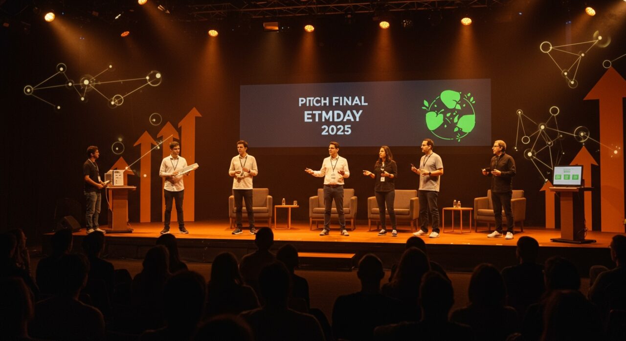 Ocho startups chilenas compitiendo en el Pitch Final de 100+ Labs durante EtMday 2025, destacando innovación sostenible y tecnologías emergentes.