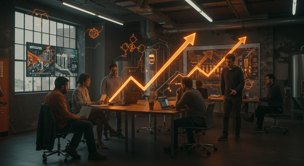 Startups finalistas colaborando en innovación sostenible en el laboratorio de Cervecería AB InBev para EtMday 2025.