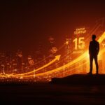 Impacto de Start-Up Chile en el ecosistema startup con emprendedor frente a ciudad digital iluminada en naranja y negro simbolizando innovación y unicornios.