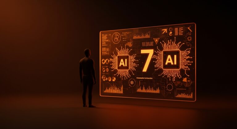 Fundador de startup frente a pantalla futurista con algoritmos de IA y redes neuronales que simbolizan la implementación de IA en productos tecnológicos.