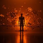 Ilustración de adicción a las apuestas corporativas con cadenas digitales y metáforas tecnológicas en paleta naranja y negra.