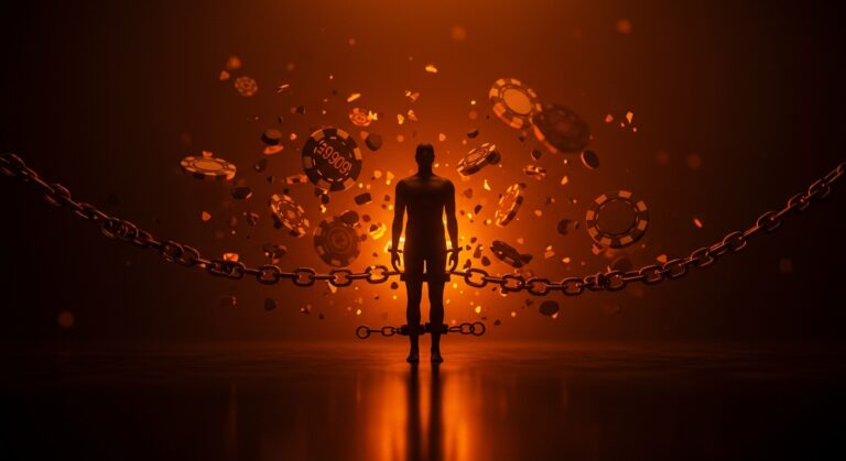 Ilustración de adicción a las apuestas corporativas con cadenas digitales y metáforas tecnológicas en paleta naranja y negra.