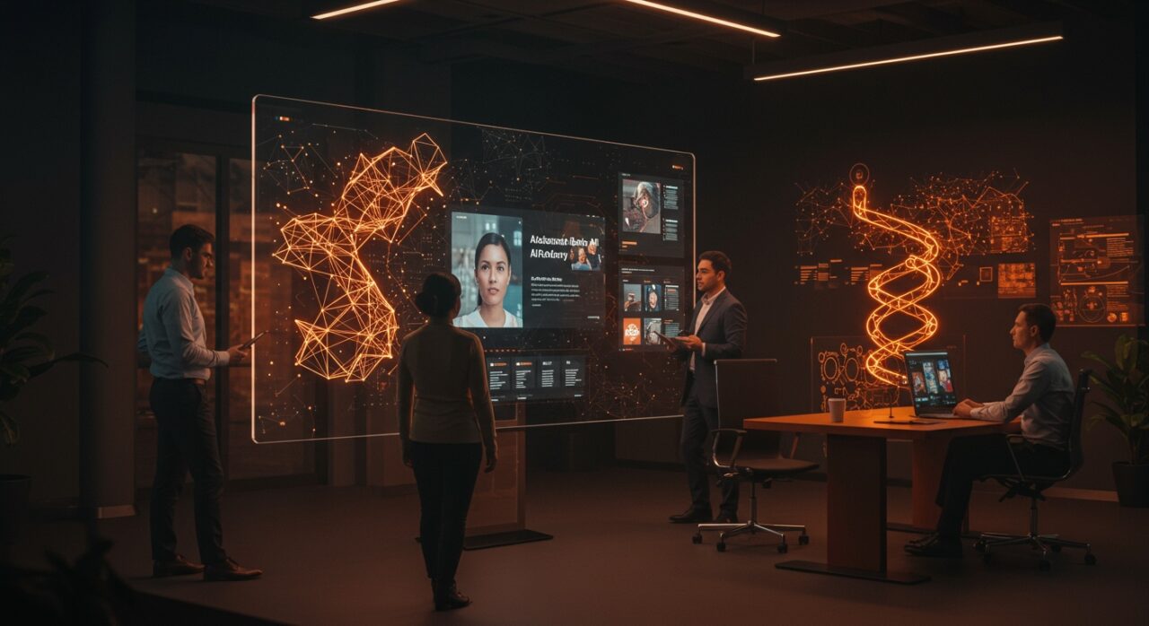 Adobe AI Foundry personalizando contenidos multimodales con IA para empresas con branding innovador en paleta naranja y negro.