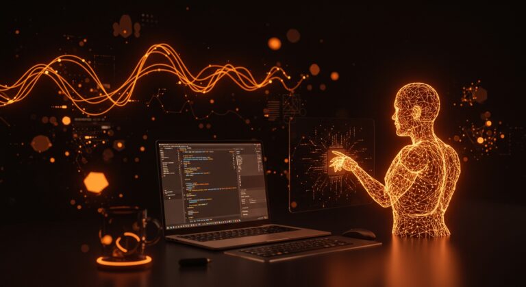 Integración de agentes de inteligencia artificial en Emacs representada con interfaces digitales y redes neuronales en tonos profundos de naranja y negro.