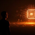 Silueta contemplativa frente a una red neuronal holográfica que simboliza la perspectiva realista sobre la inteligencia artificial y el futuro de AGI en startups tecnológicas.