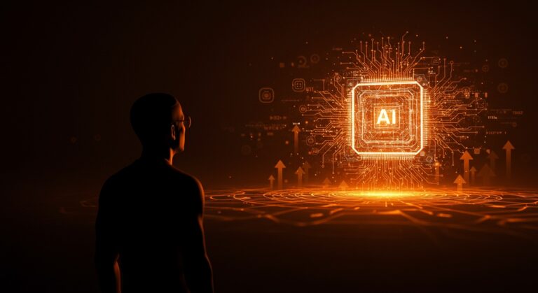 Silueta contemplativa frente a una red neuronal holográfica que simboliza la perspectiva realista sobre la inteligencia artificial y el futuro de AGI en startups tecnológicas.